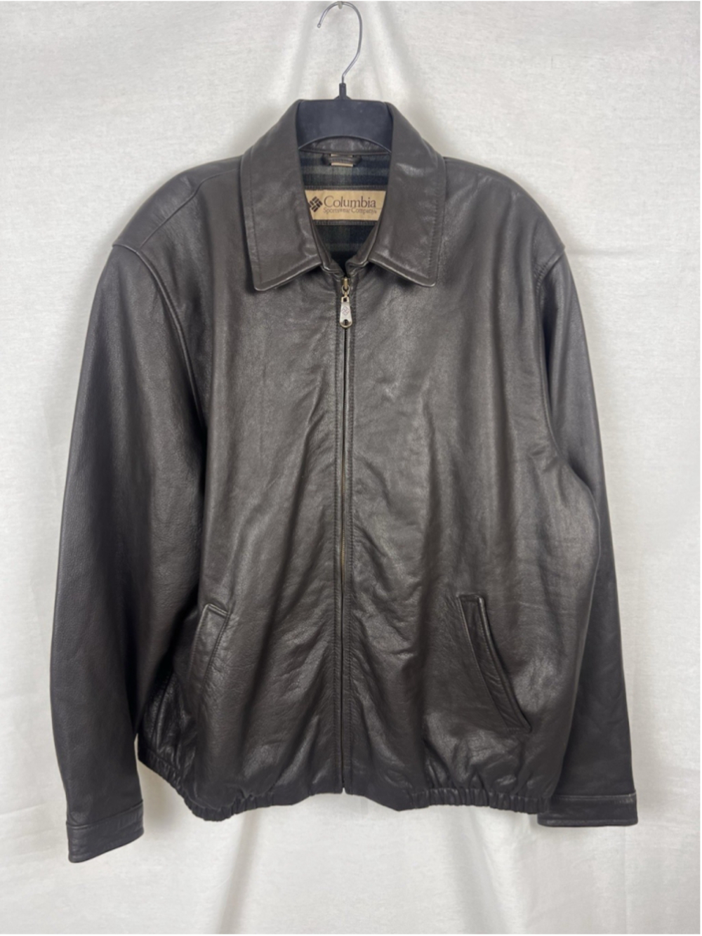 Columbia Men's Jacket XXLT Brown Leather Plaid Lined Full Zip Jacket
